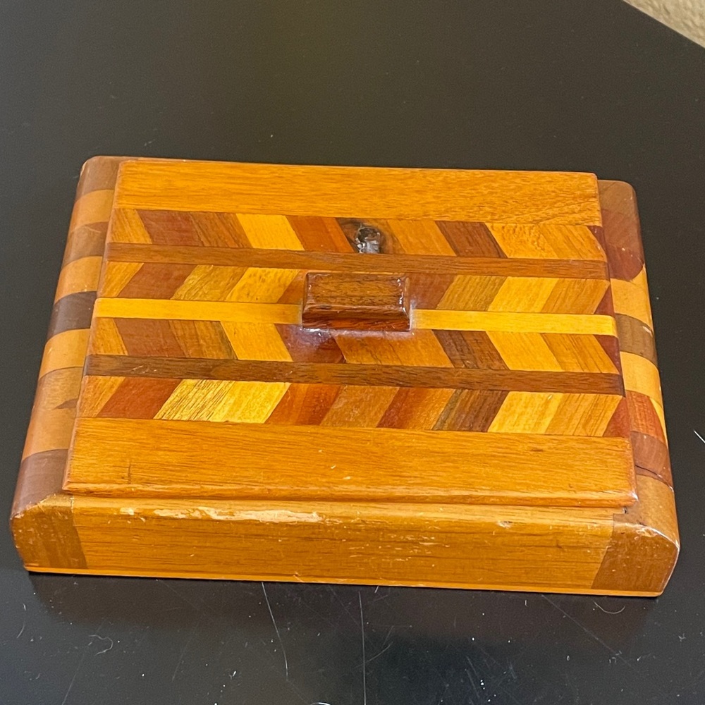 Vintage 1960s Parquet Marquetry Lidded Wood Box MCM